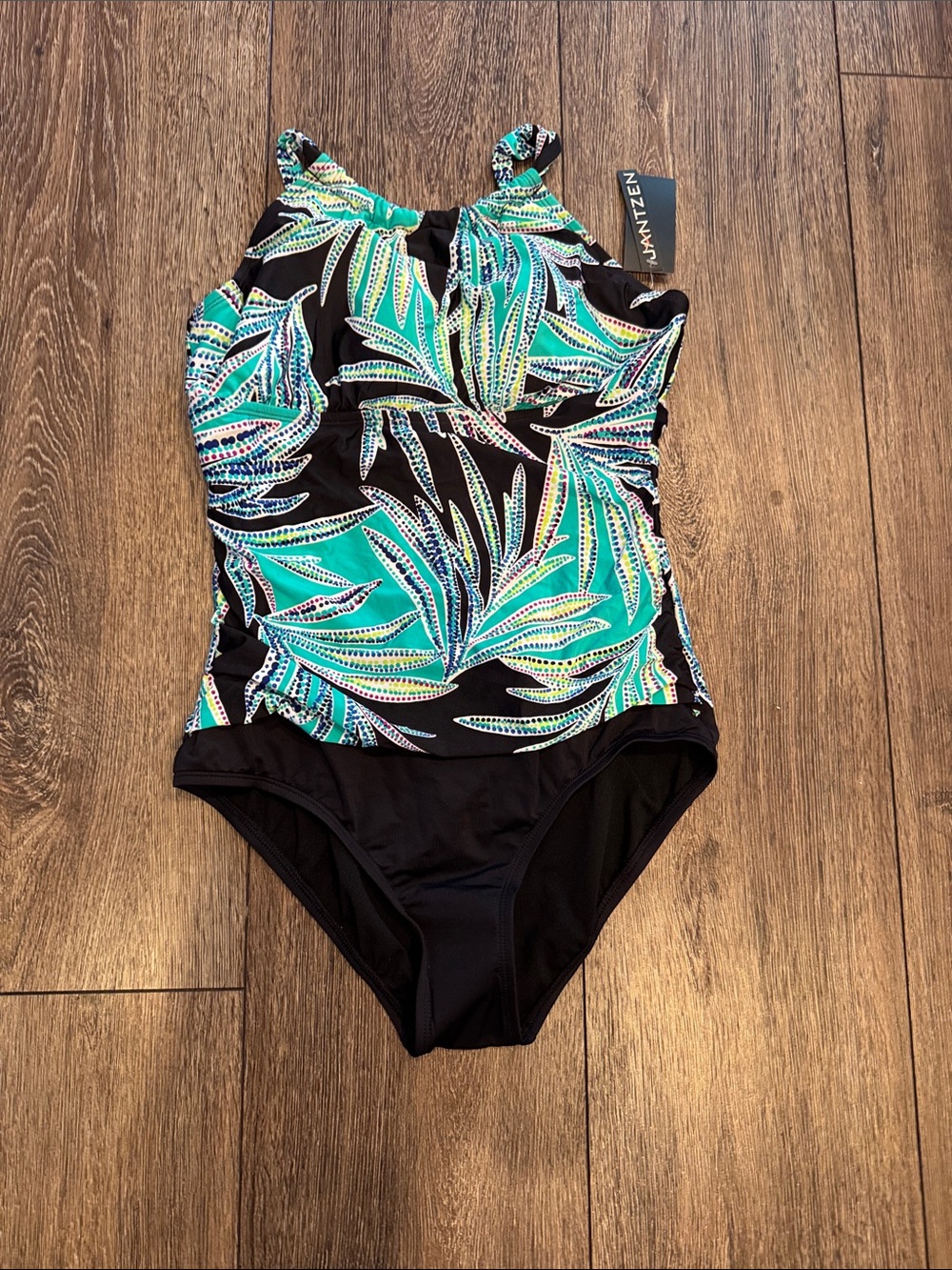 Jantzen Black One-Piece Swimsuit with Teal Leaf Print
